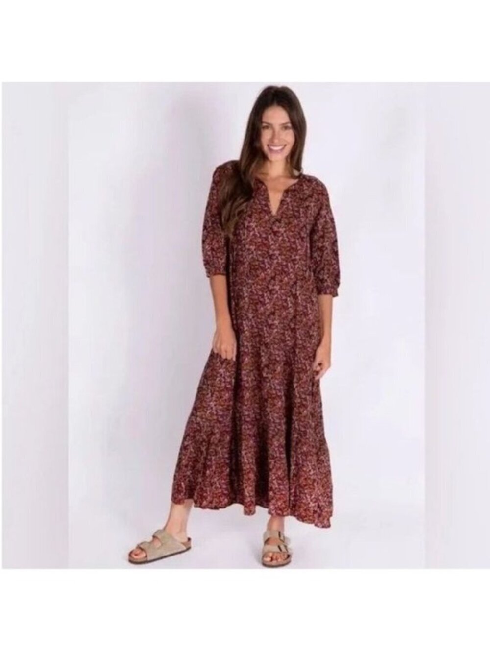 Natural Life Floral Maxi Dress Brown Purple Boho Peasant Cottagecore Size XS-S